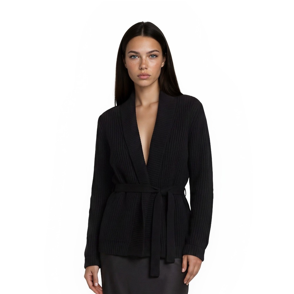 Lauren Ralph Lauren Cardigan Sweater Women's Size Large Black Shaker Knit Belted